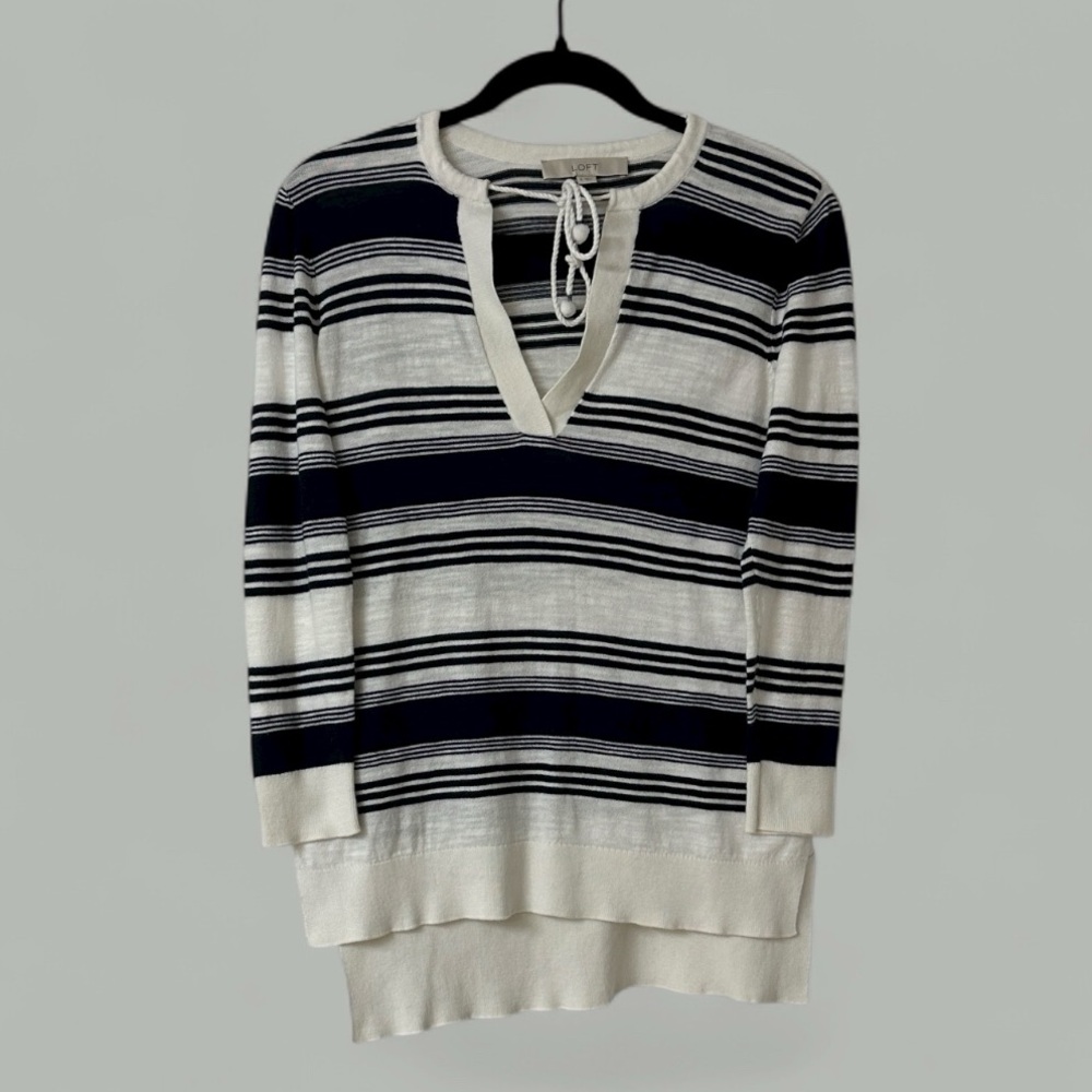 LOFT Women's Striped Tassel Tie Top